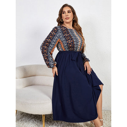 Printed Long Sleeve Waist-Slimming Ethnic Style Lace-Up Curvy Dresses Wholesale Plus Size Clothing N5323021500040