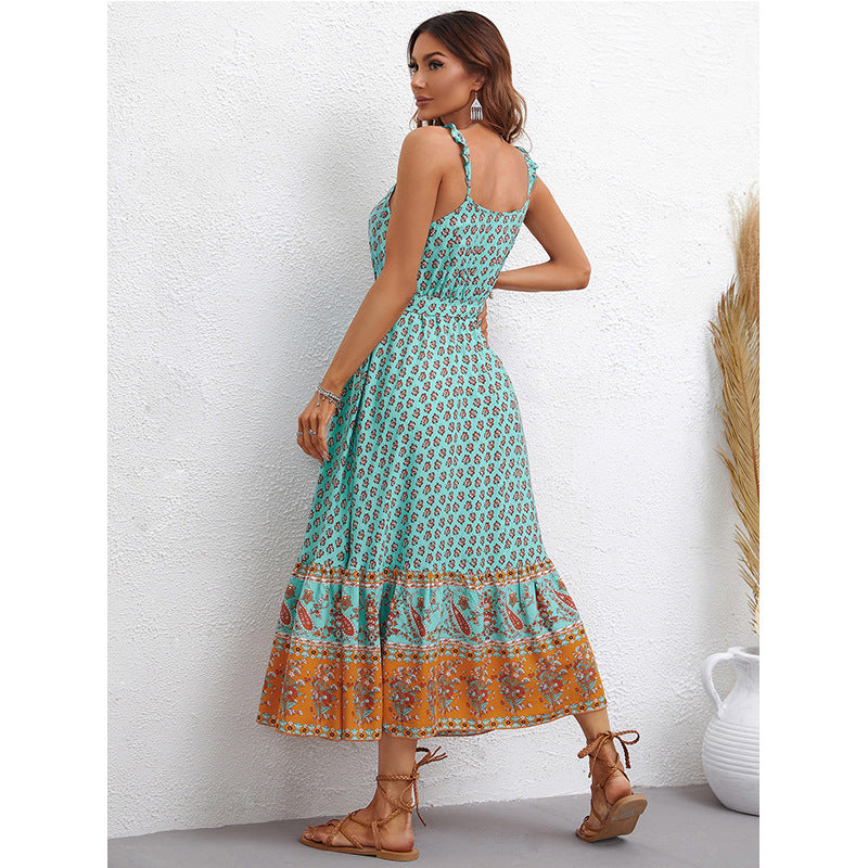 Vacation Tie-Up Waist Sling Mid-Length Swing Bohemian Dress Wholesale Dresses