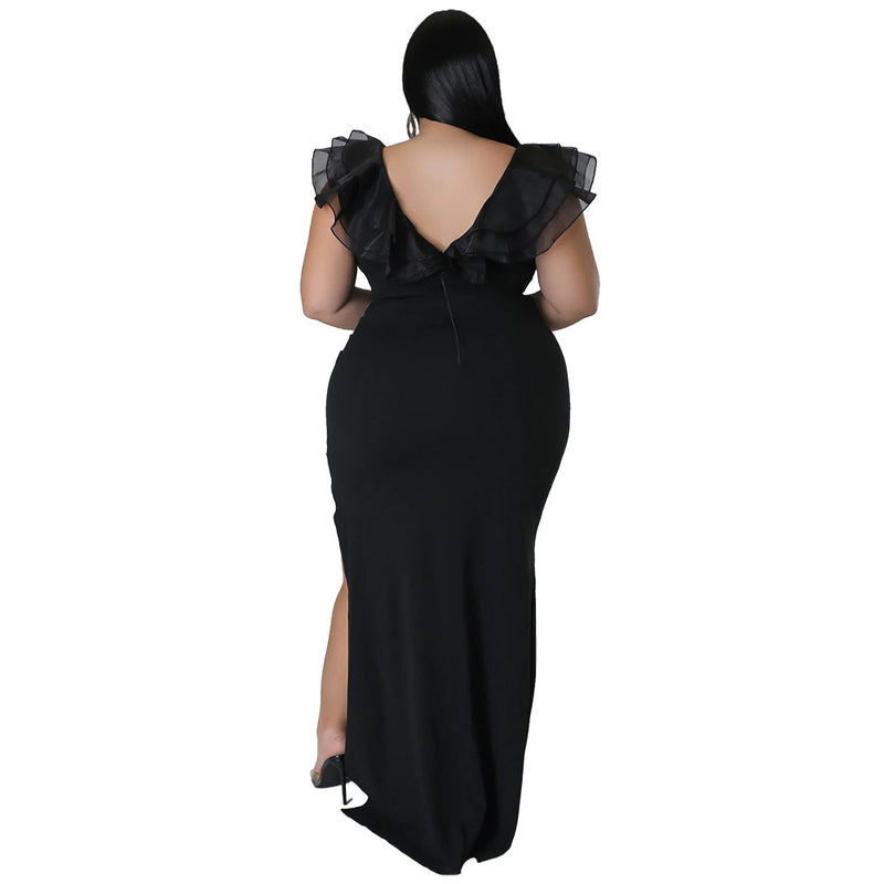Wholesale Women'S Plus Size Clothing Banquet Party Wood Ear Trim Solid Color Dress