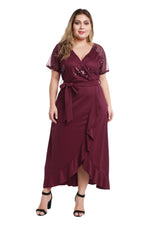 Deep V Irregular Hem Waist Trimming Fashion Sequin Curvy Dresses Wholesale Plus Size Clothing
