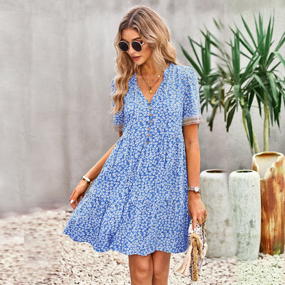 Short-Sleeved Casual V-Neck Floral Printed Swing Dress Wholesale Dresses