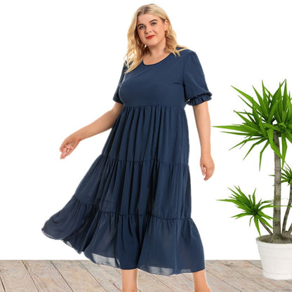 Round Neck Curvy Smocked Loose Dresses Wholesale Plus Size Clothing