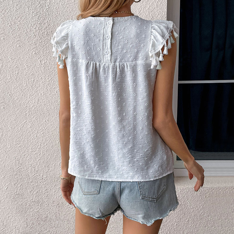 Slim Fringe Stitching Solid Color Round Neck Pullover Blouses Wholesale Women'S Tops