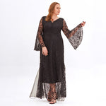 Elegant Lace Mesh Midi Dress V-Neck Long Sleeves Dresses Wholesale Plus Size Clothing