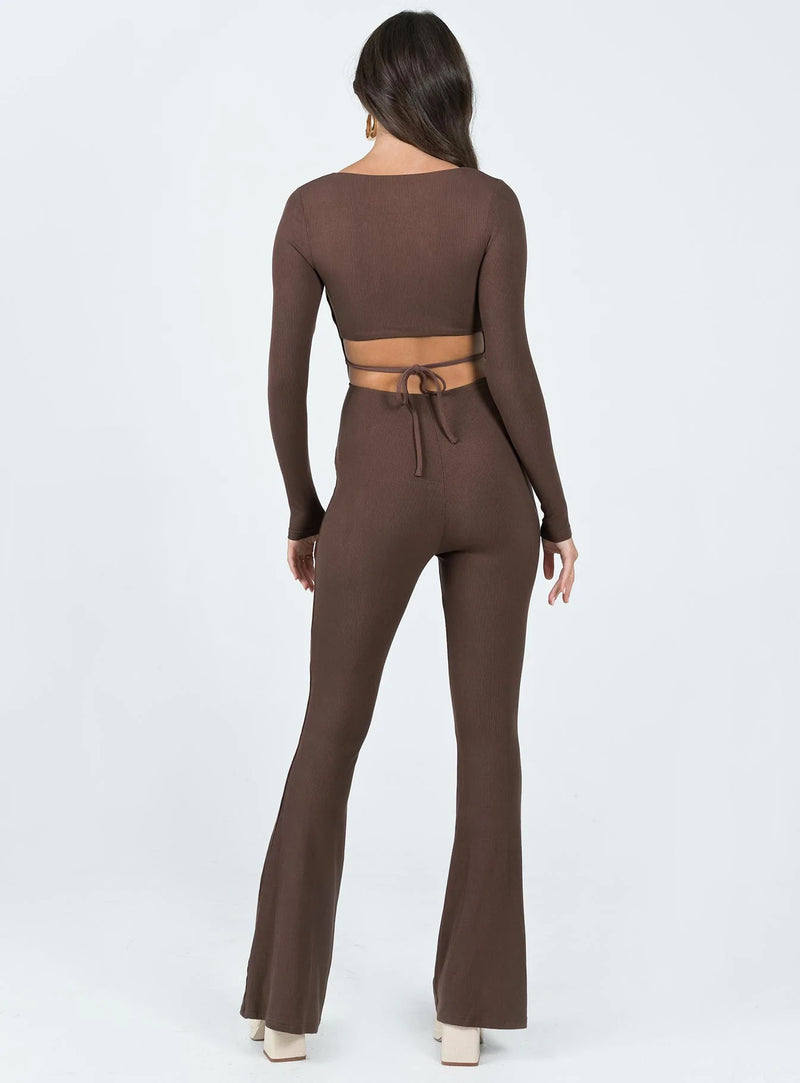 Back Hollow Long Sleeve Solid Color Slim Square Neck Jumpsuit Wholesale Women'S Clothing