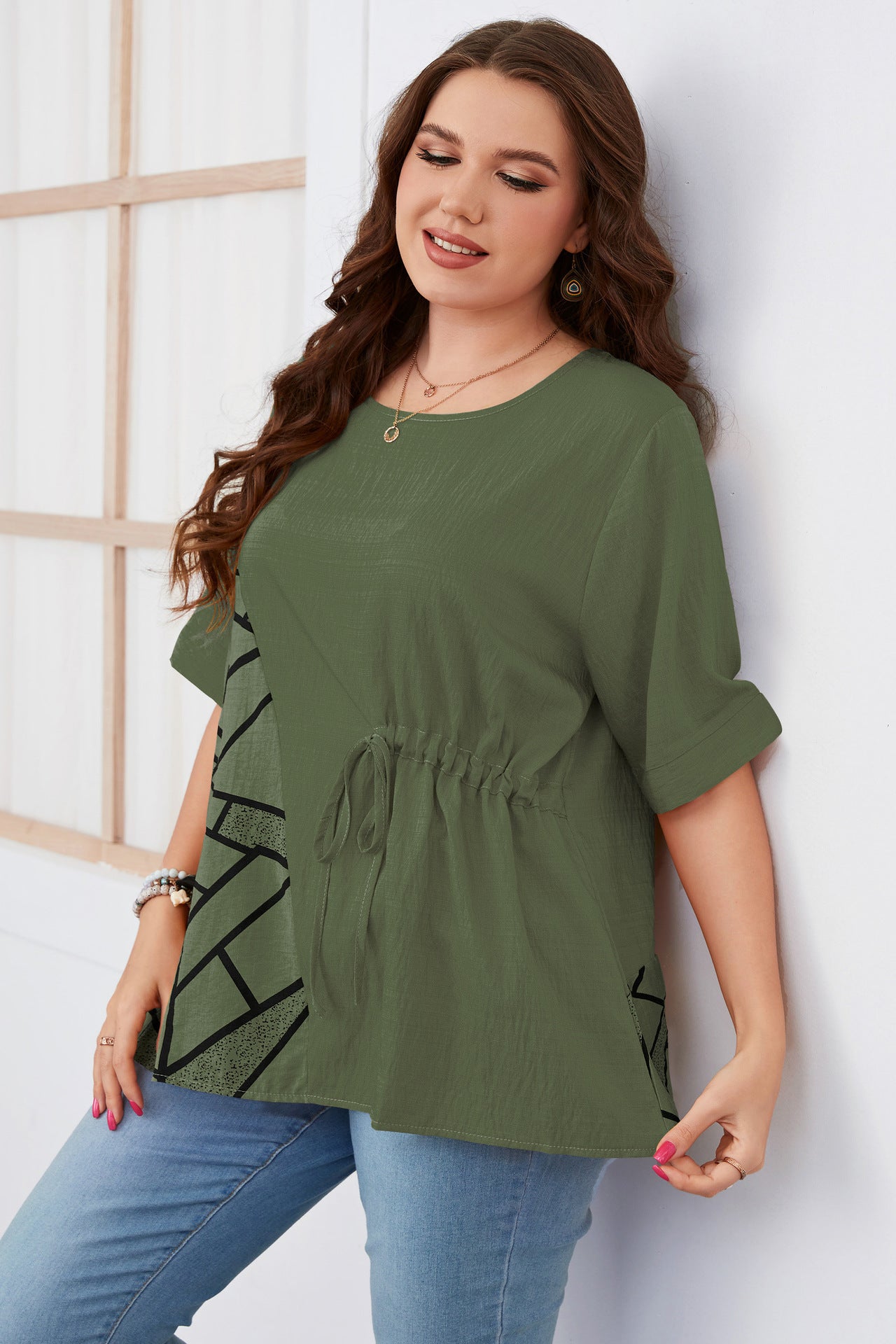 Wholesale Women'S Plus Size Clothing Casual Half Sleeve Round Neck Loose Commuting Blouses