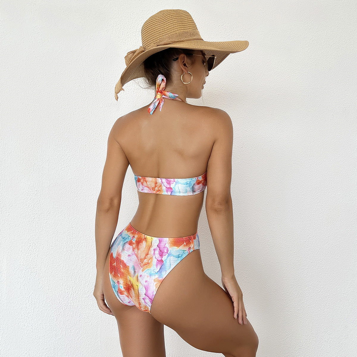 Contrasting Color Printing Irregular Hollow-Out Halter Neck One-Piece Swimsuit Wholesale Women'S Clothing