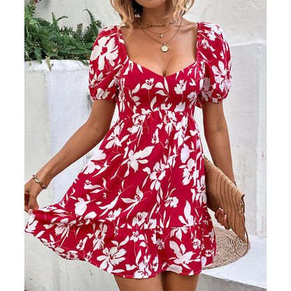 Sexy Open Back Retro Puff Sleeve Square Collar Printed Doll Dress Wholesale Dresses