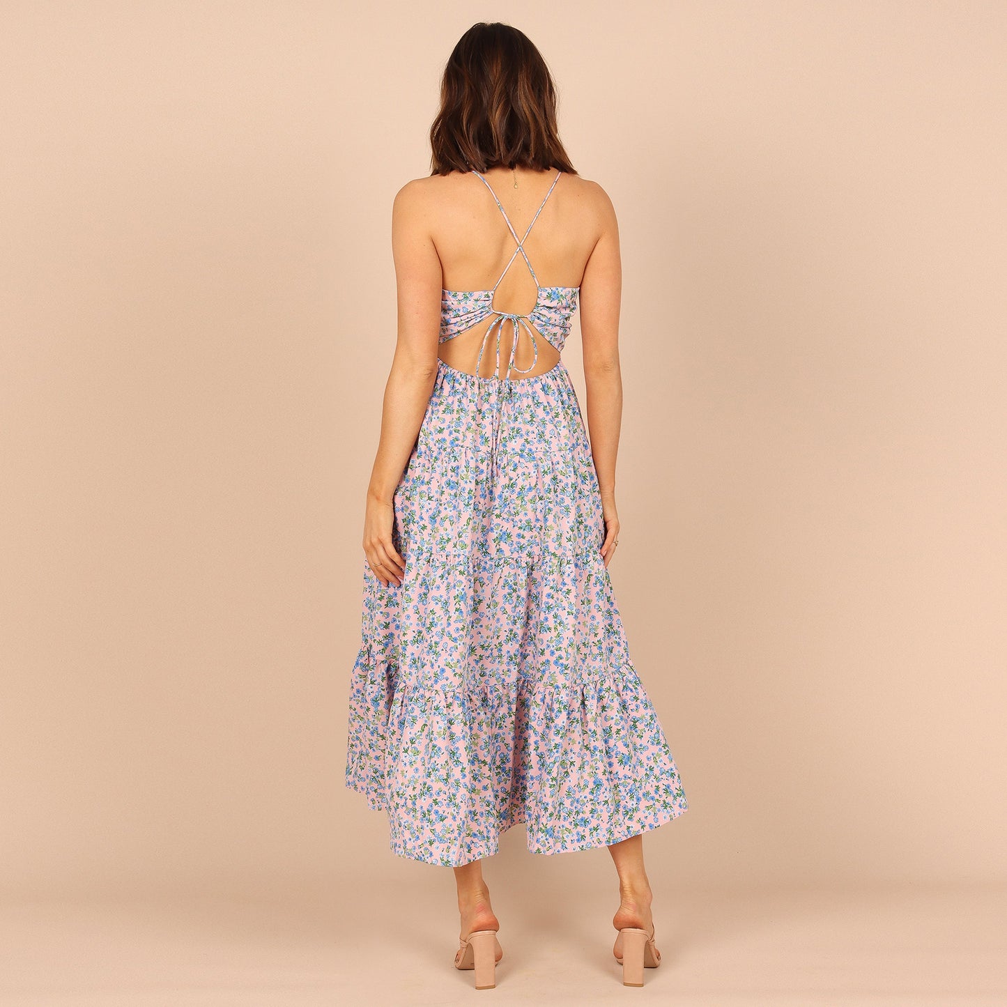 Floral Print Sexy Backless Sling Mid-Length Swing Dress Wholesale Dresses