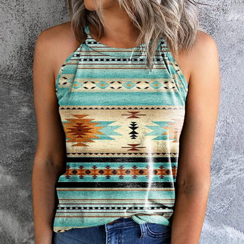 Casual Retro Print All-Match Halter Neck Sleeveless Tank Tops Wholesale Women'S Tops