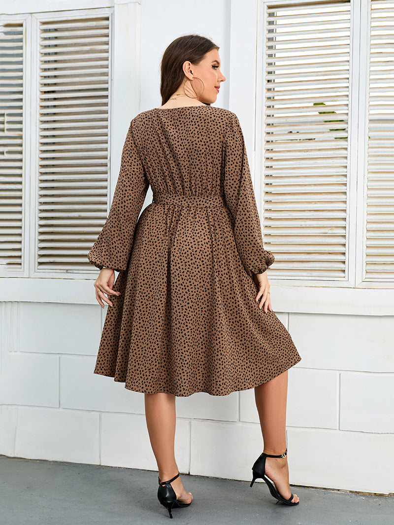 Long Sleeve Print Lace-Up Swing Curvy Dresses Wholesale Plus Size Clothing