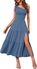 One Shoulder Fashion Pleating Slit Smocked Dress Wholesale Dresses
