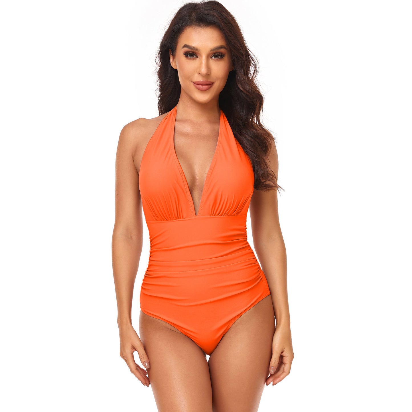 Triangle Solid Gathered Halter Neck One-Piece Swimsuit Wholesale Women'S Clothing