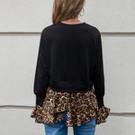 Fashion Leopard Print Hem Long Sleeve T-Shirt Wholesale Women Blouse