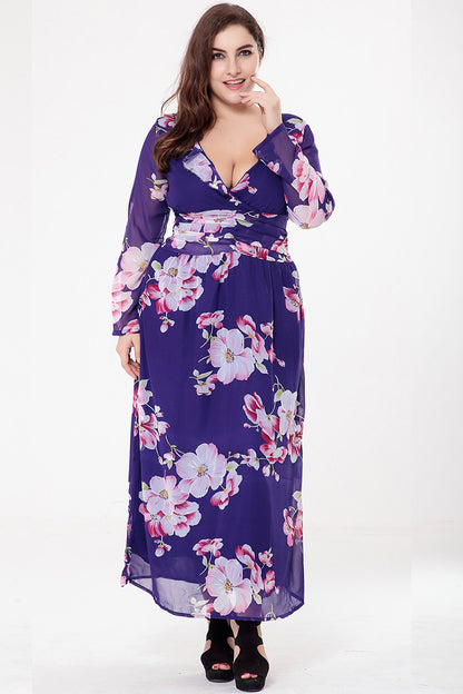 Chiffon Floral Sexy Deep V Midi Dress Long Sleeve High Waist Wholesale Plus Size Clothing