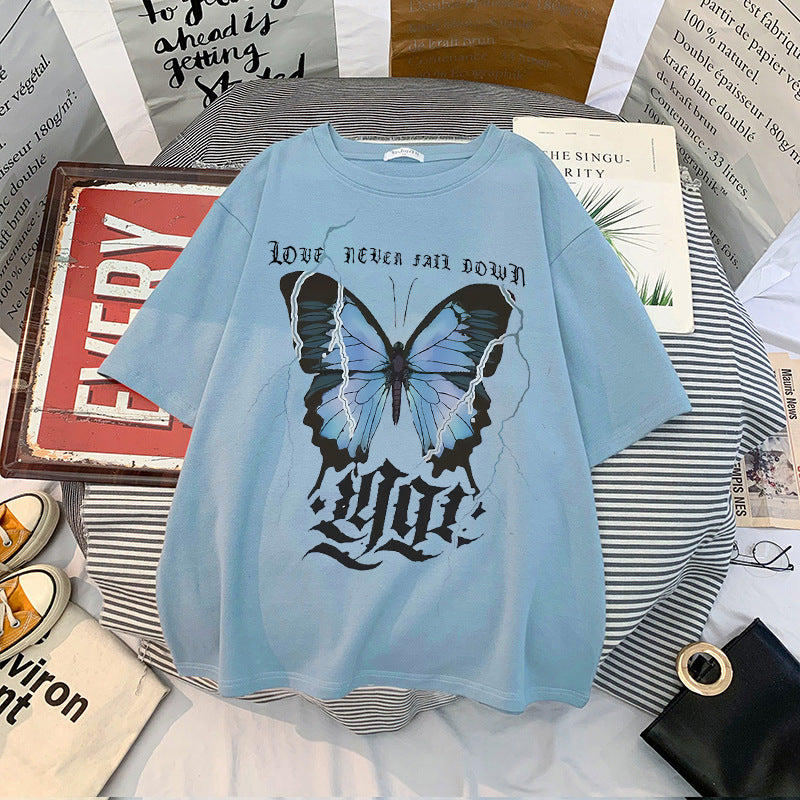 Fashion Butterfly Print Tops Loose Short Sleeve Crew Neck Womens T Shirts Wholesale