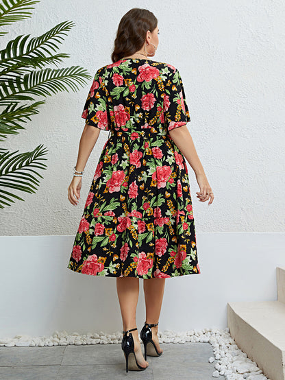 Wholesale Women'S Plus Size Clothing Rose Print V-Neck Slimming Short-Sleeved Dress