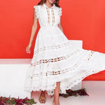 Solid Color Stand Collar Hollow Embroidered Lace Dress Wholesale Maxi Dresses