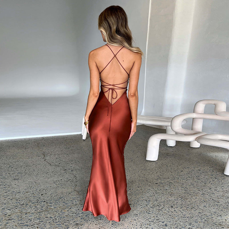 Sexy Slim Fit Backless Waist-Tight Slimming Suspender Party Satin Dress Wholesale Maxi Dresses