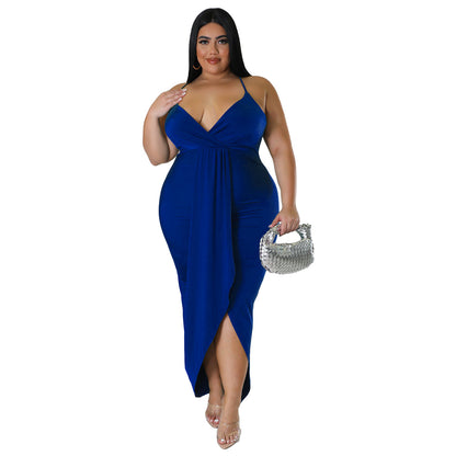 Deep-V Neck Strap Sleeveless Sling Ruched Sexy Curvy Maxi Dresses Wholesale Plus Size Clothing