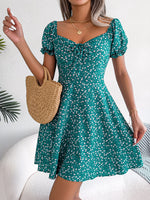Chiffon Floral Drawstring Swing Mini Dress Casual Slim Flared Sleeve Wholesale Dresses