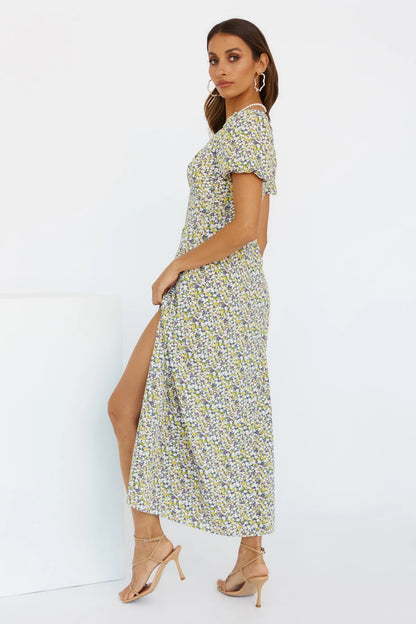 Sexy Puff Sleeve Floral Print Short Sleeve Slit Midi Dress Wholesale Dresses