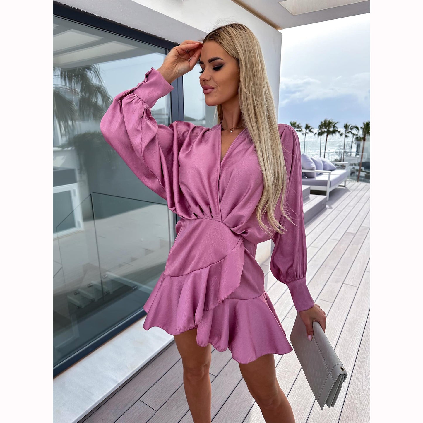 Long Sleeve Tight Waist Solid Color Satin Wrap Dress Wholesale Dresses