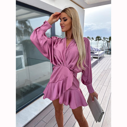 Long Sleeve Tight Waist Solid Color Satin Wrap Dress Wholesale Dresses