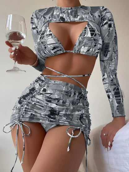 Irregular Print Long-Sleeved Drawstring Bikini Four-Piece Swimsuit Wholesale Women'S Clothing