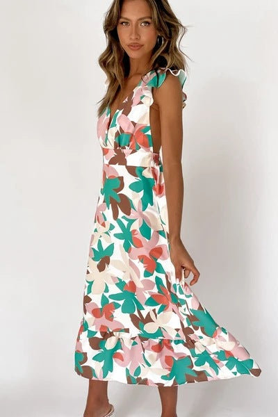 Summer Floral Print Frill Sleeve Backless Midi Dress Wholesale Dresses