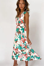 Summer Floral Print Frill Sleeve Backless Midi Dress Wholesale Dresses