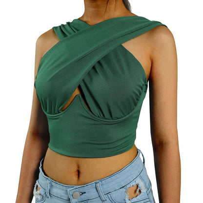 Off-Shoulder Slim Cross Hollow Solid Color Crop Tops Wholesale Women'S Tops