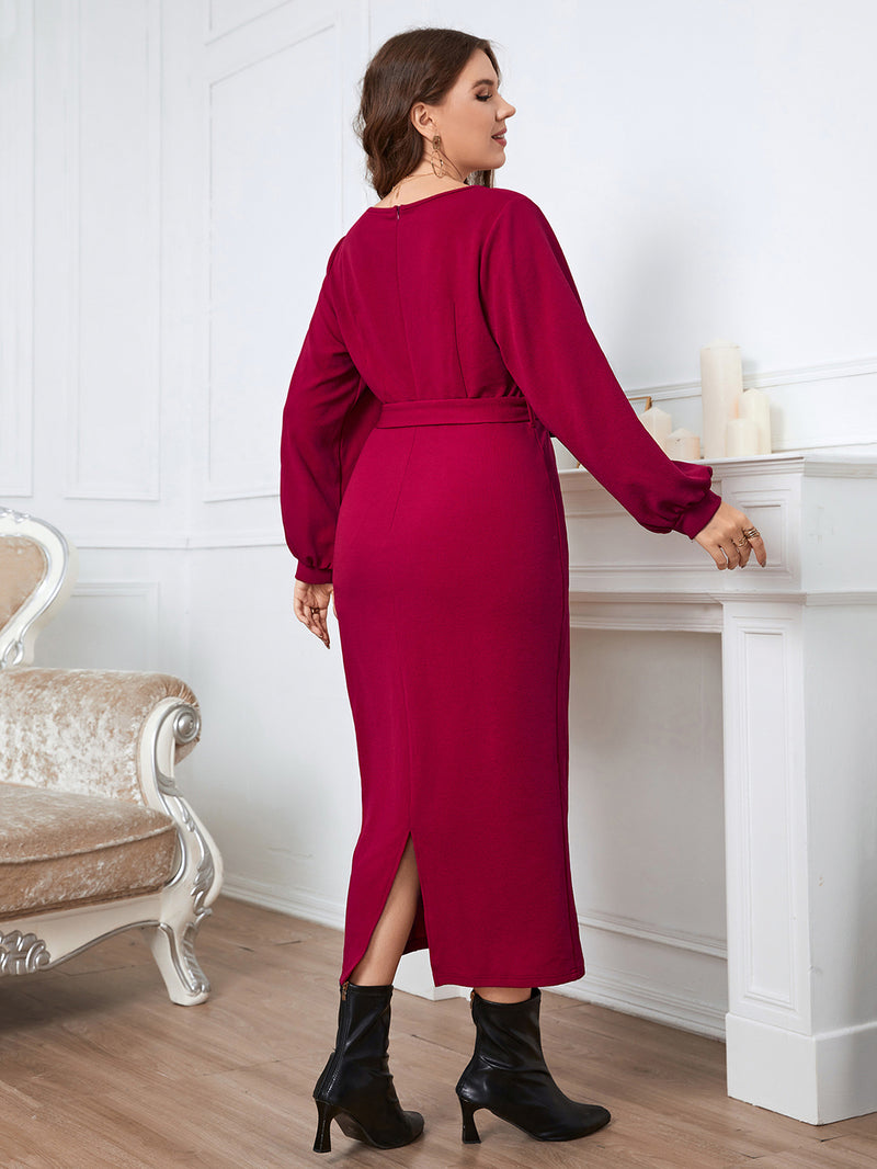 Wholesale Women'S Plus Size Clothing Solid Color Temperament V-Neck Long-Sleeved Slim Dress