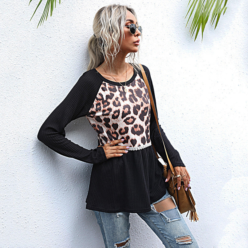 Casual Stitching Leopard Tops Loose Crew Neck Wholesale Womens Long Sleeve T Shirts