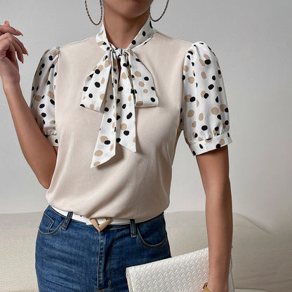 Puff Sleeve Polka Dot Print Bowknot Tie-Up Short Sleeve Shirts Wholesale Womens Tops