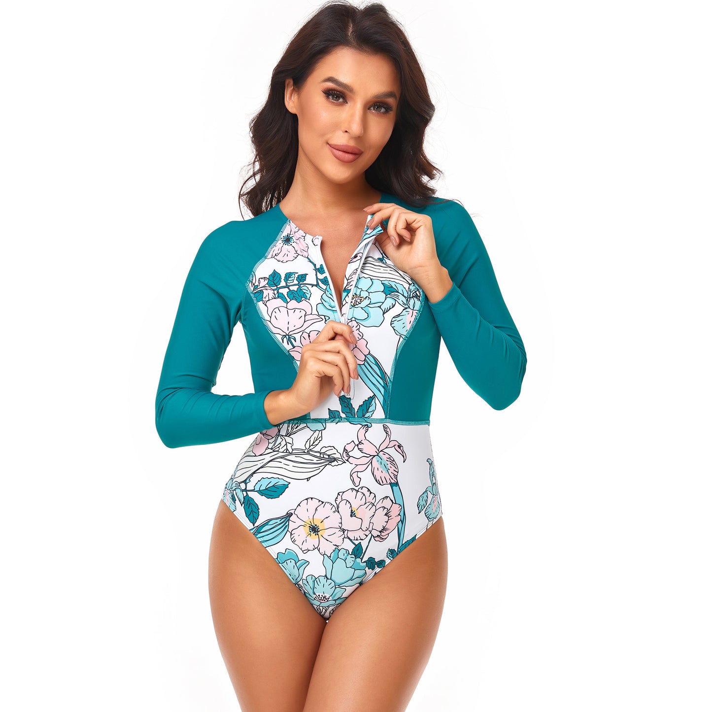 Long Sleeve Zip Triangle Conservative Contrast Print One-Piece Swimsuit Wholesale Women'S Clothing