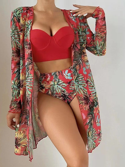 High Waist Long Sleeve Mesh Print Bikini Three-Piece Swimsuit Wholesale Women'S Clothing