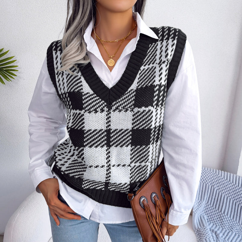 Fashion Casual Contrast Check V-Neck Sweater Vest Wholesale Women Clothing