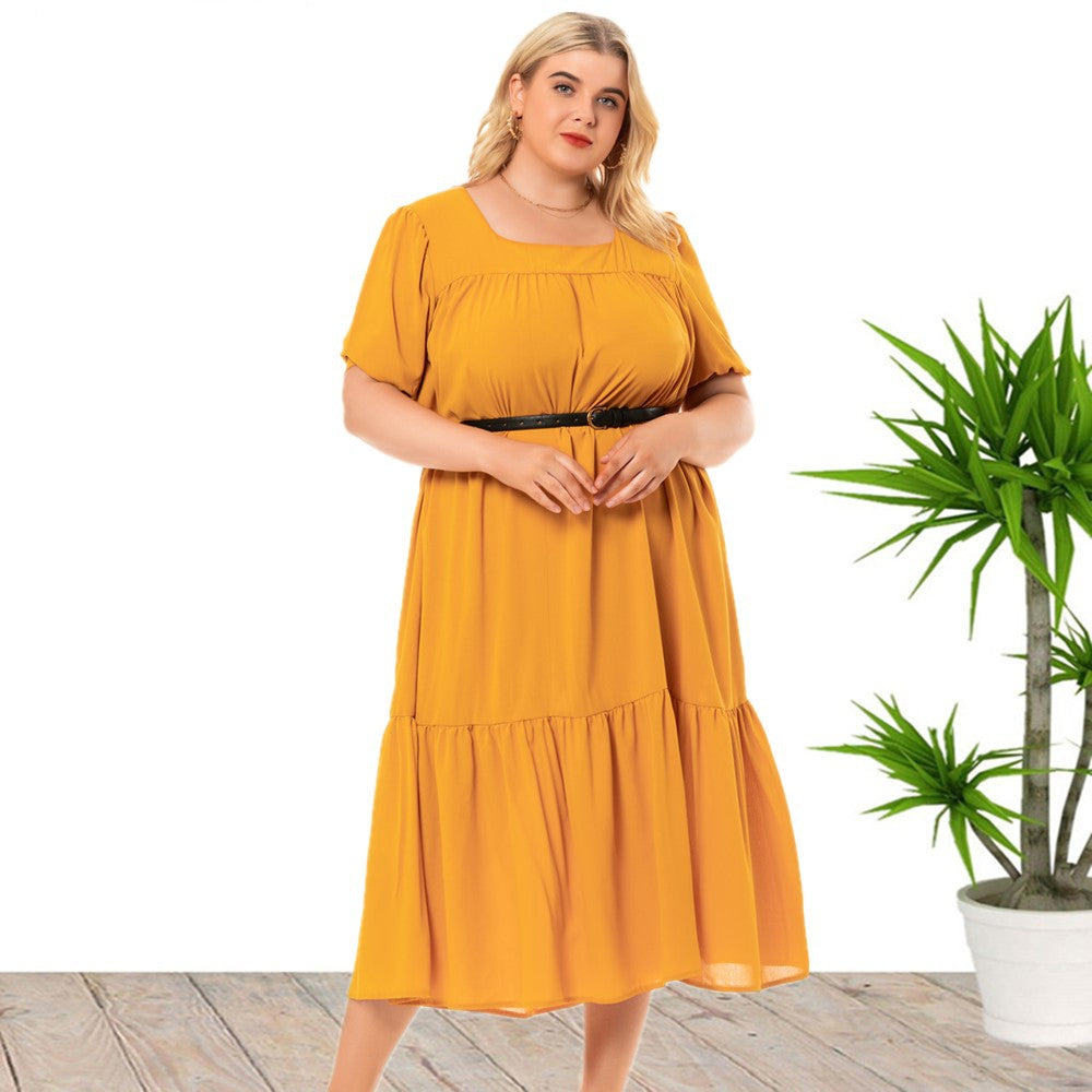 Casual Crew Neck Midi Swing Dress Loose Short Sleeve Dresses Wholesale Plus Size Clothing (Without Belt)