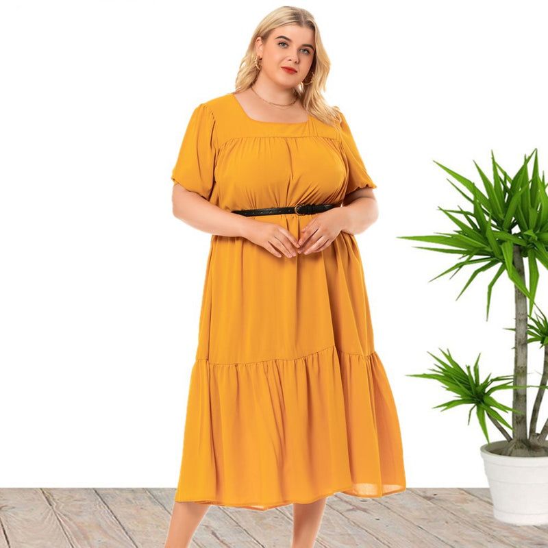Wholesale Women'S Plus Size Clothing Square Neck Solid Color Short Sleeve Loose Dress