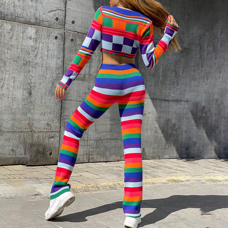 Multicolor Knit Long Sleeve Crop Tops & Trousers Wholesale Women'S 2 Piece Sets