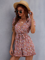 Floral Chiffon Tie Elegant V-Neck Puff Sleeves Playsuits Wholesale Women'S Clothing
