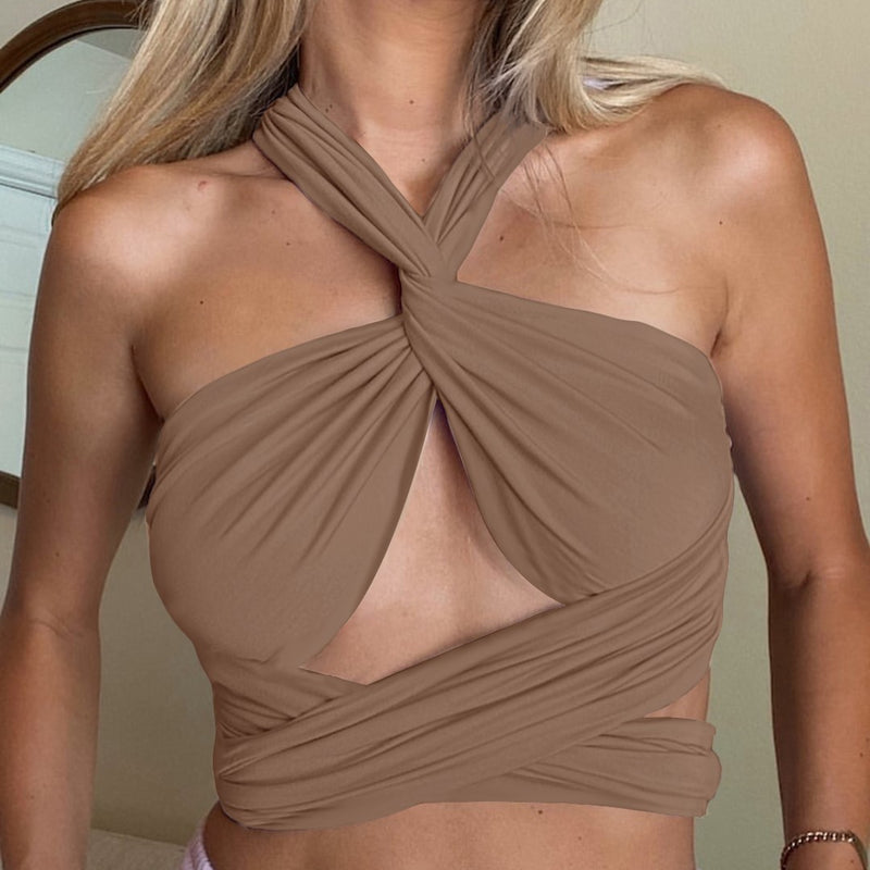 Women's Sexy Breast Wrap Strap Crop Top Solid Color One Piece Variable Style