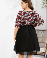 Wholesale Women'S Plus Size Clothing Chiffon Rose Print Contrast Color Crew Neck Dress