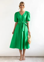 Vintage Puff Sleeve Loose V-Neck Solid Color Simple Dress Wholesale Dresses