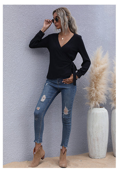 Sexy V Neck Lace-Up Solid Color Long Sleeve Slim Wholesale Womens Long Sleeve T Shirts