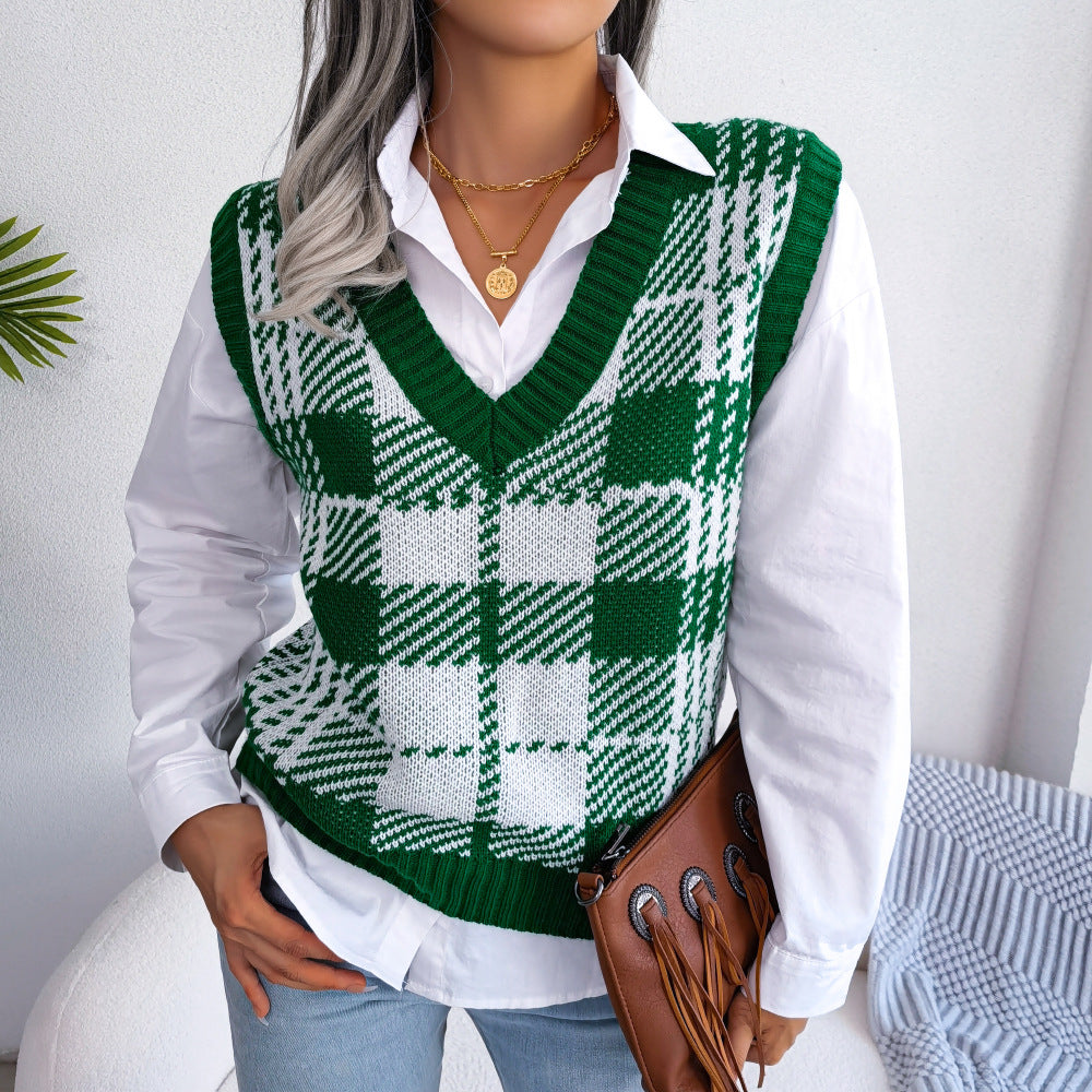 Fashion Casual Contrast Check V-Neck Sweater Vest Wholesale Women Clothing