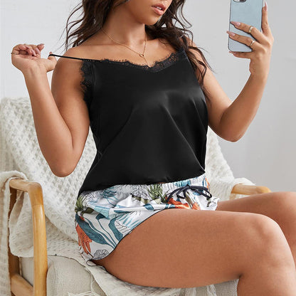 Fashion Floral Print Lace Camisole & Shorts Curvy Pajamas Sets Wholesale Plus Size Clothing