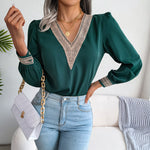 Chiffon V-Neck Lace Shirt Wholesale Womens Long Sleeve T Shirts