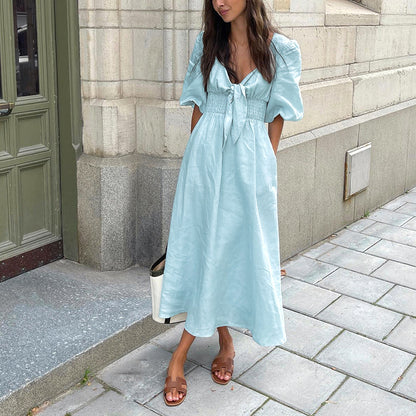 A-Line V-Neck Temperament Solid Color Puff Sleeve Dress Wholesale Dresses